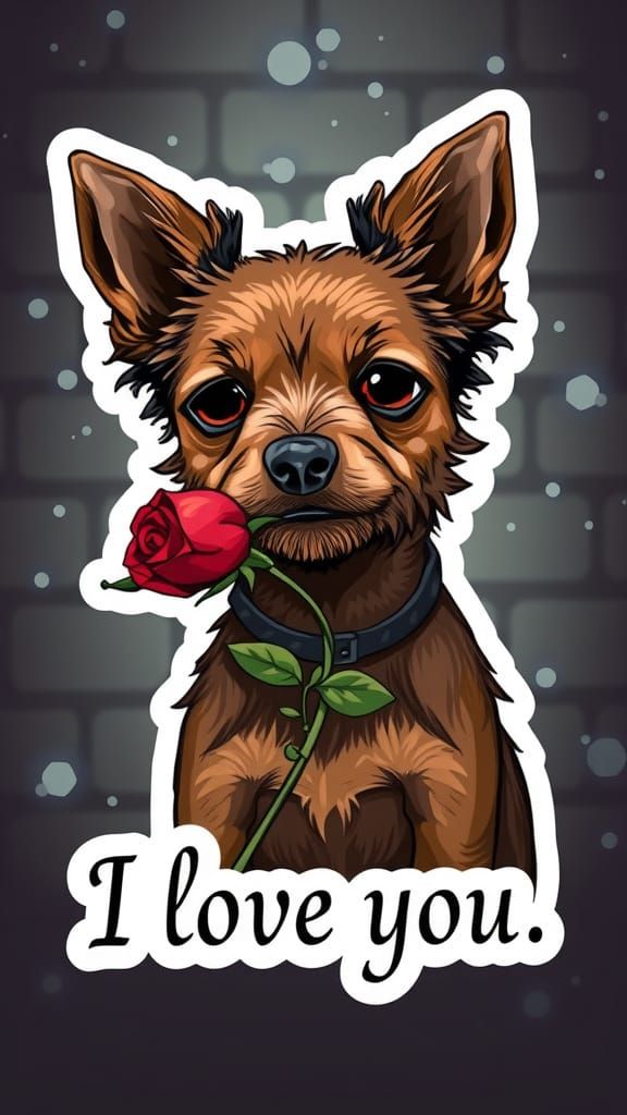 a Russian Brown Toy Terrier, gracefully posed with a delicate rose held in its mouth.