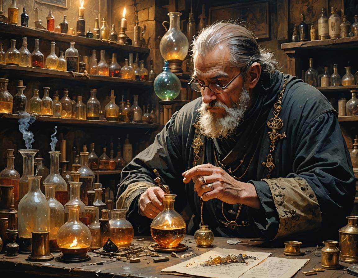 Alchemist Study: Stone to Gold Potion, Intricate Surreal Art