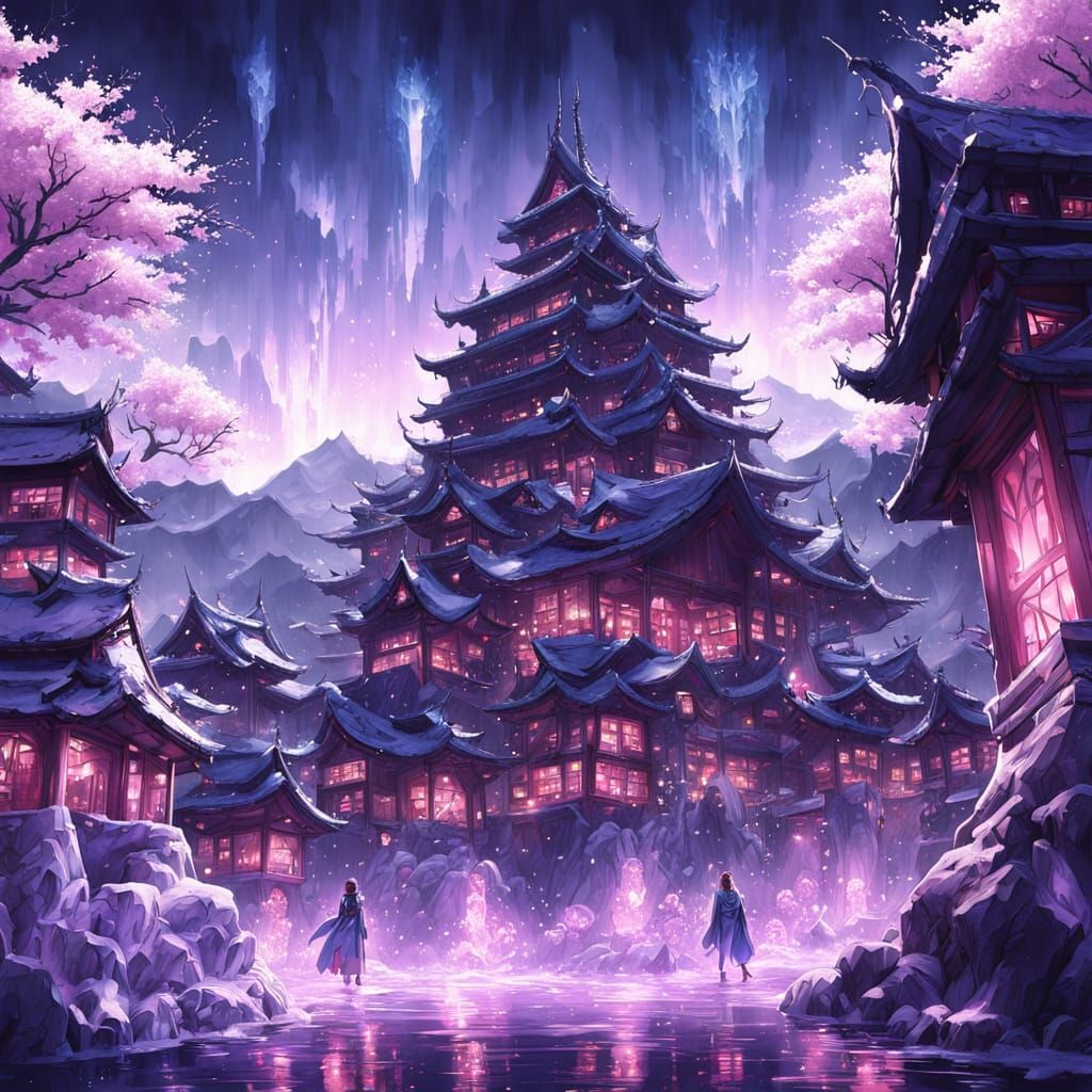 Mystical Dark Fantasy Townscape with Cherry Blossoms