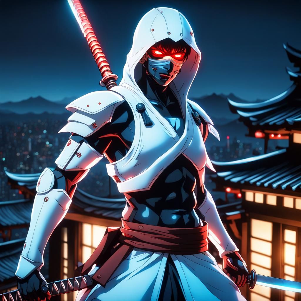 Cyborg Ninja on Rooftop in Anime Style