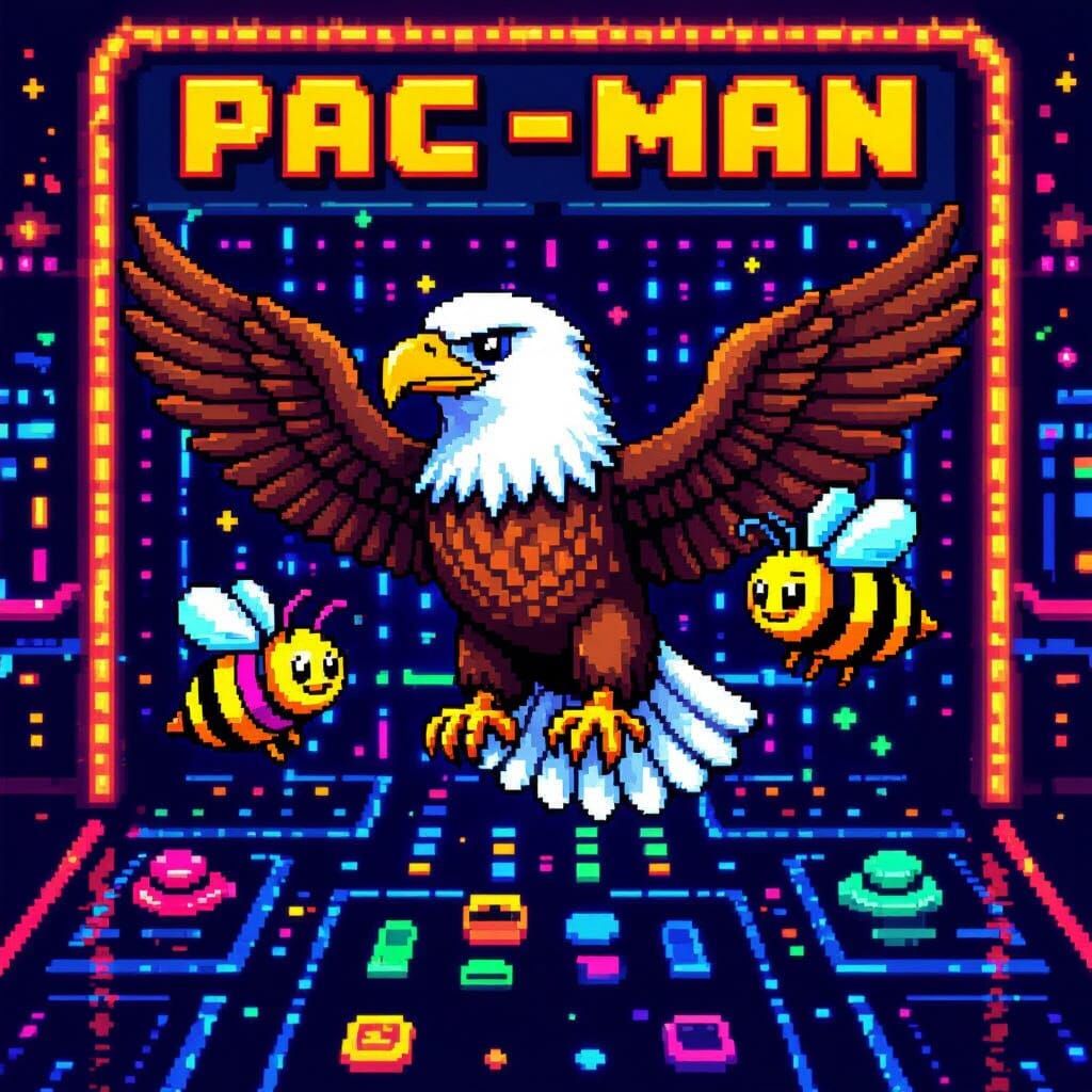 Pixelated Eagle in Pac-Man Scene with Minecraft Bees