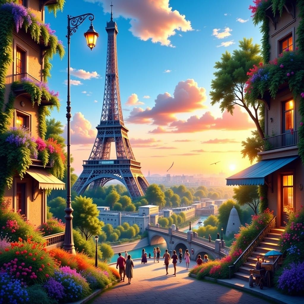 Paris Summer Evening, Digital Illustration with Vibrant Colo...