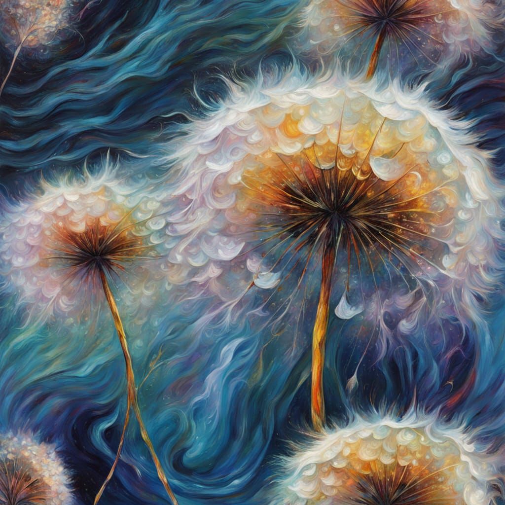 Dew-Kissed Dandelion Seed in Abstract Swirling Colors