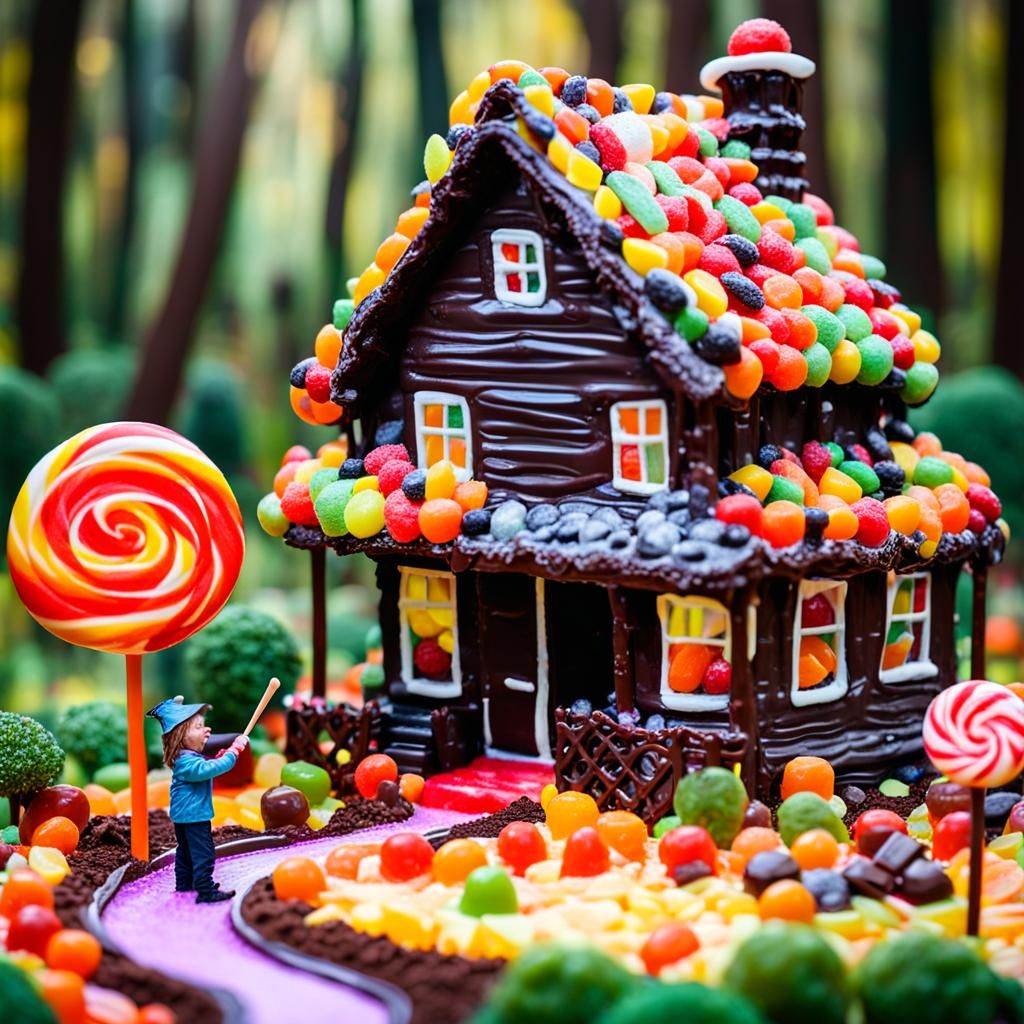 witches house made out of candy and fruit in a lollipop forest with a gardener tending to the candy garden on a path mad...