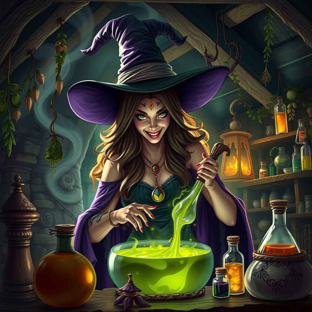 Mysterious Wicked Witch Brews Potions in Enchanted Lair