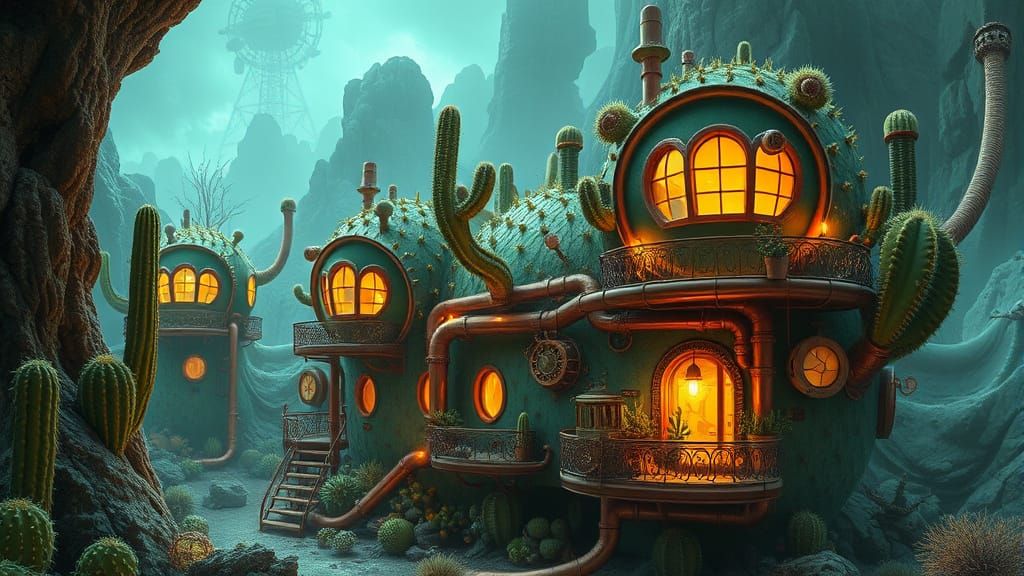 Surreal Bioluminescent Cityscape of Humans and Aliens on Tit...