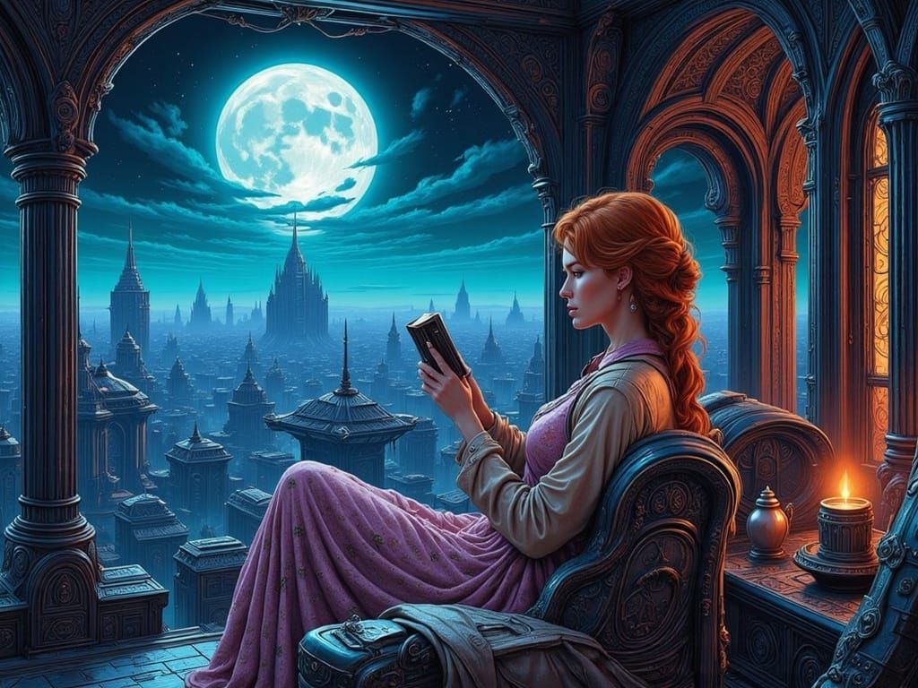 Woman Reading on Alien Balcony Under Ethereal Moonlight