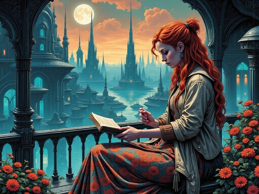 Woman Reading on Futuristic Balcony Under Alien Moonlight