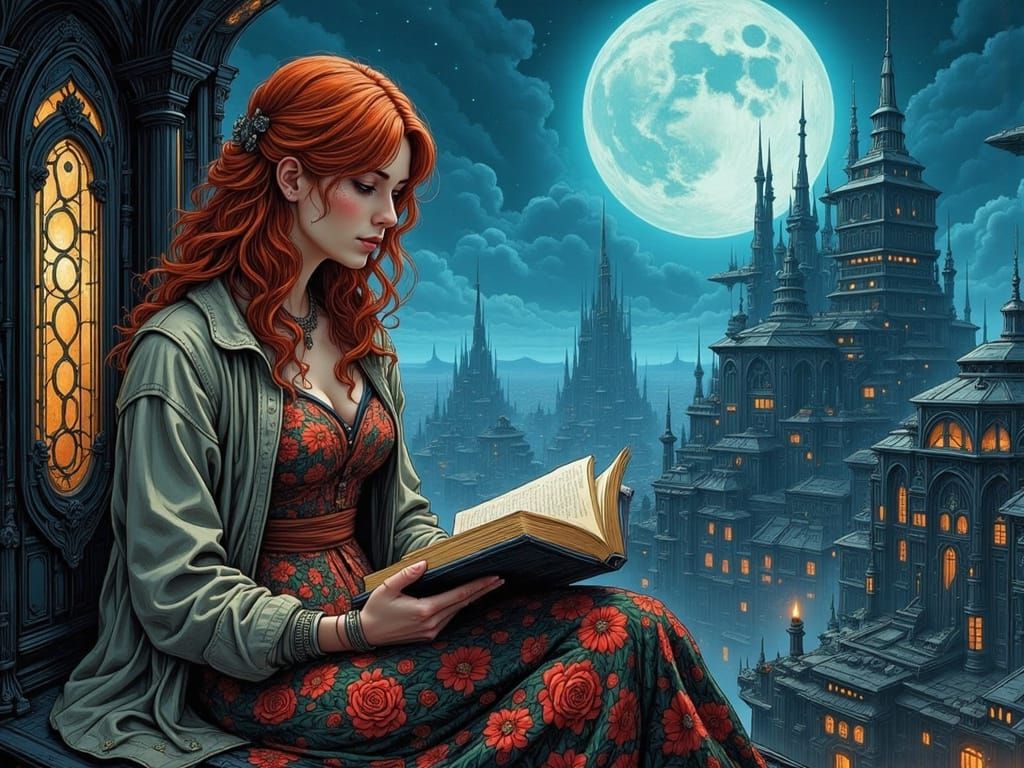 Woman Reading Under Alien Moonlight