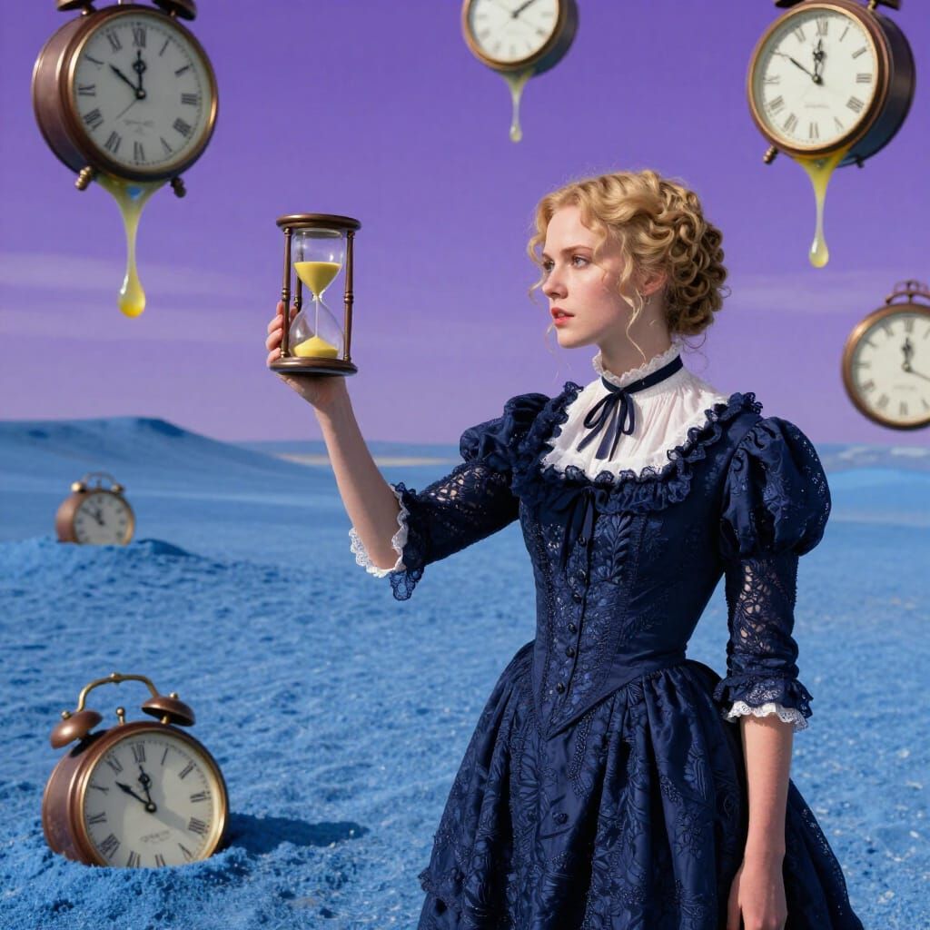 Surrealist Woman with Hourglass Under Purple Sky