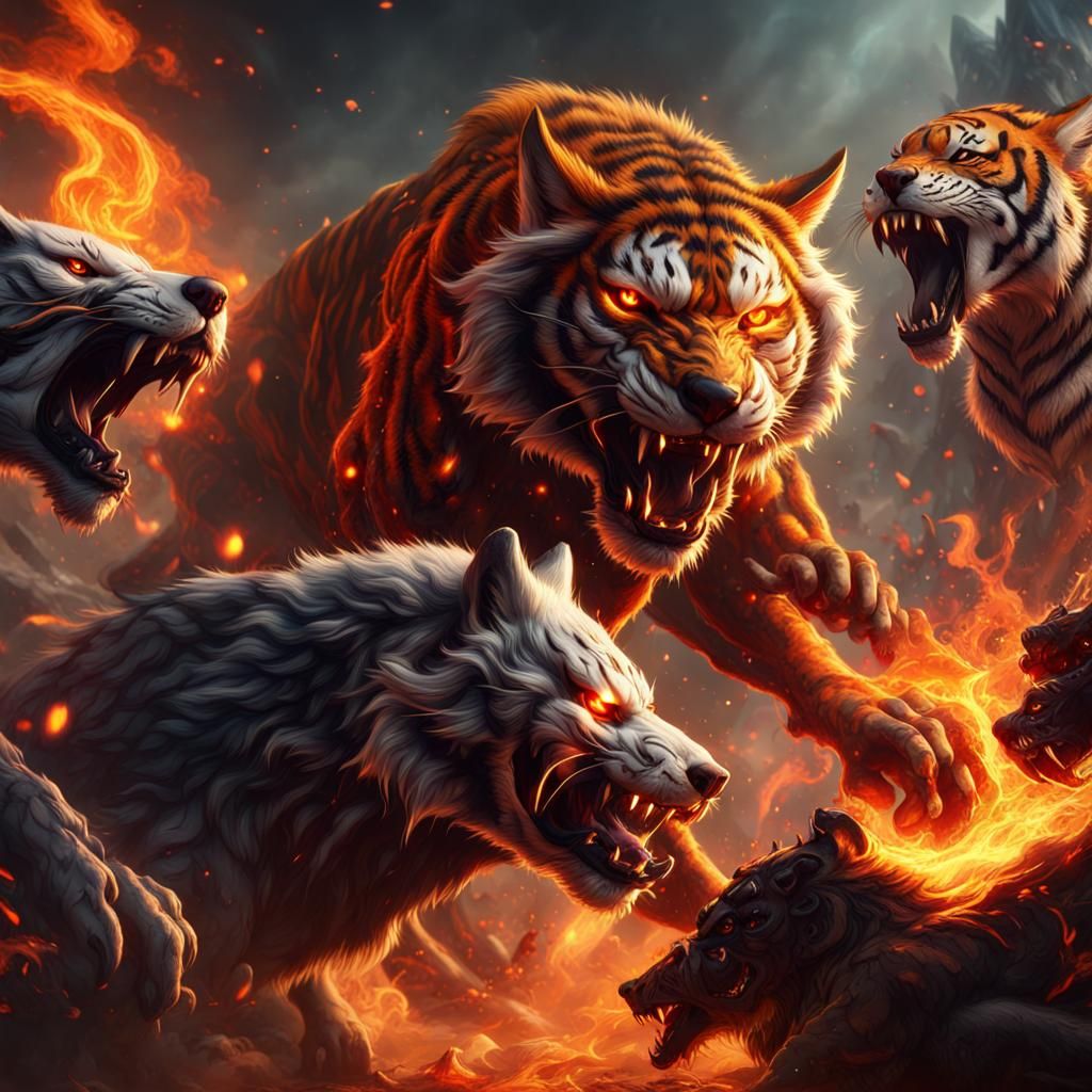 Wolves Fight Flaming Tiger in Detailed Fantasy Art