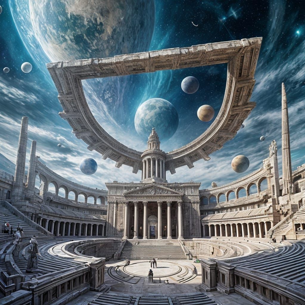 Cosmic Greek Theatre with Orbiting Planetoids