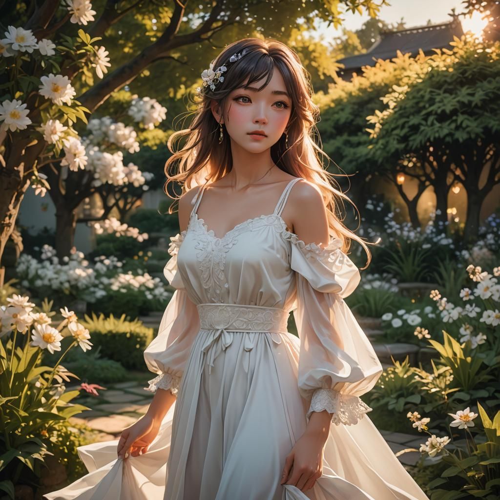 Serene Anime Goddess in Sunset Garden