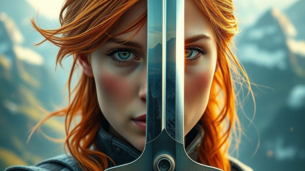 Warrior Woman with Reflective Sword, Digital Art