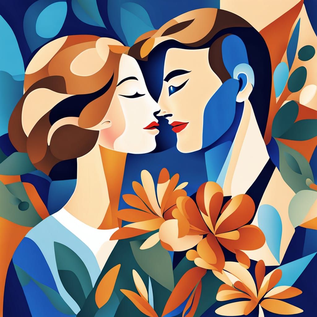 Vibrant Blue Cubist Embrace