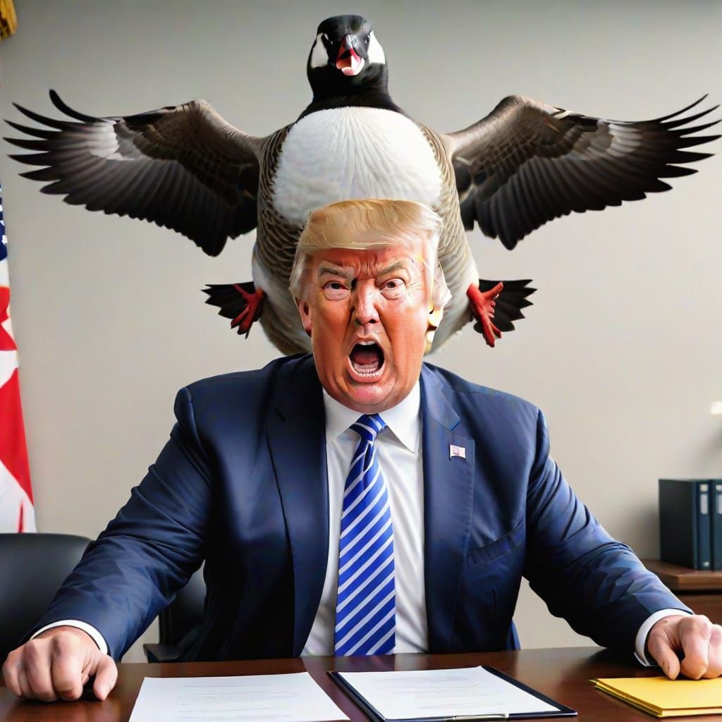 Angry Donald Trump Pounds Desk as Canada Goose Flies Freedom