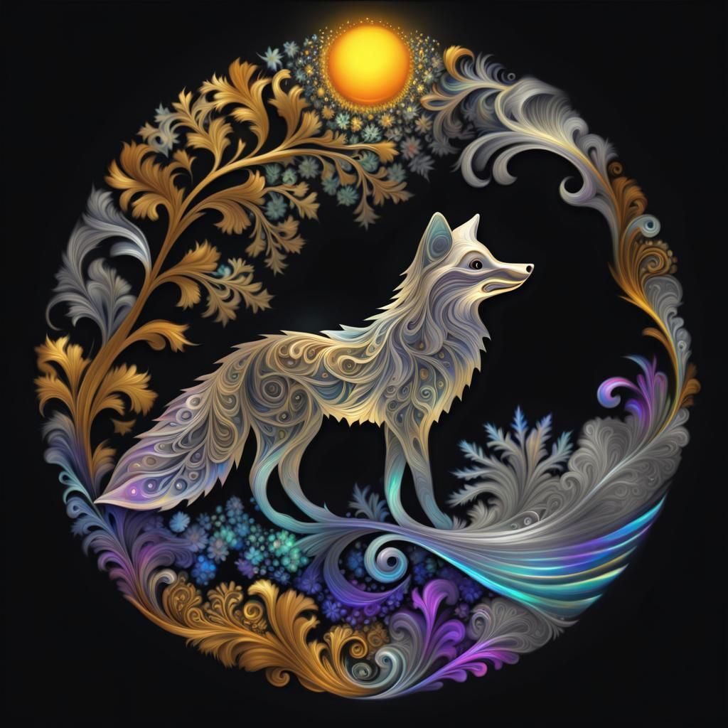 elaborate black light arabesque fox silver fox silver moonlight gold exotic arabesque plants, silver stream 8k resolutio...