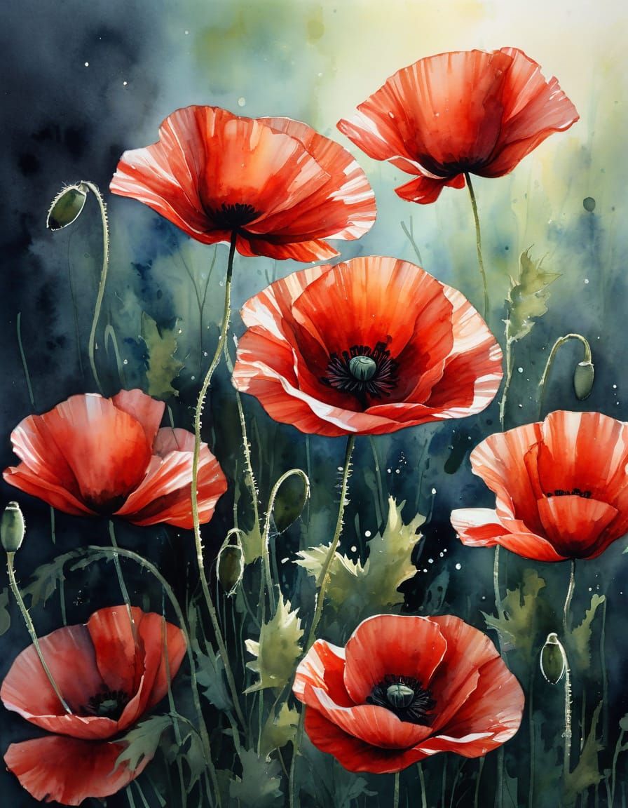 Whimsical Watercolor Poppies in Radiant Light