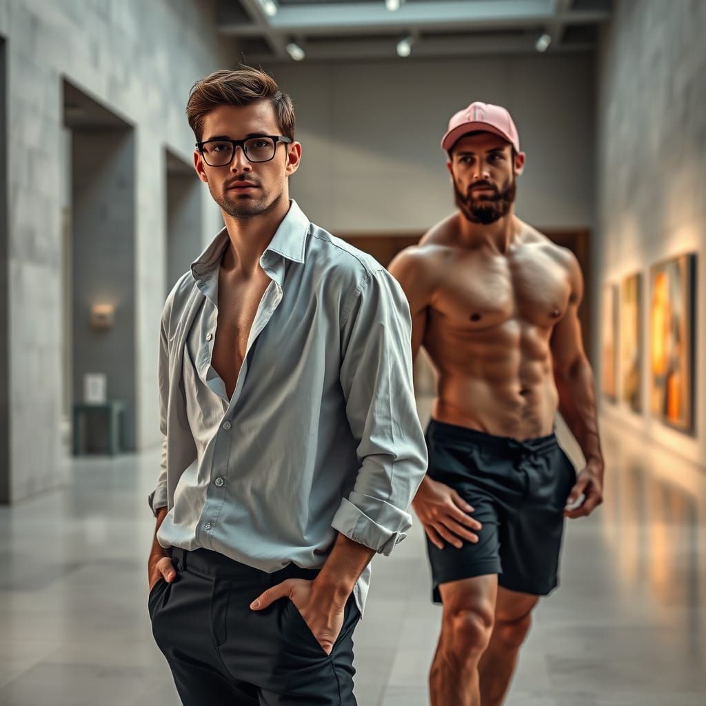 Men in a Brutalist Museum: Photorealistic Sensual Tension