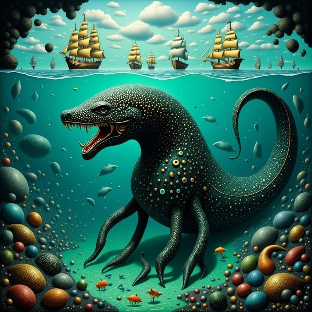 Surreal Kraken in Dystopian Ocean Depths