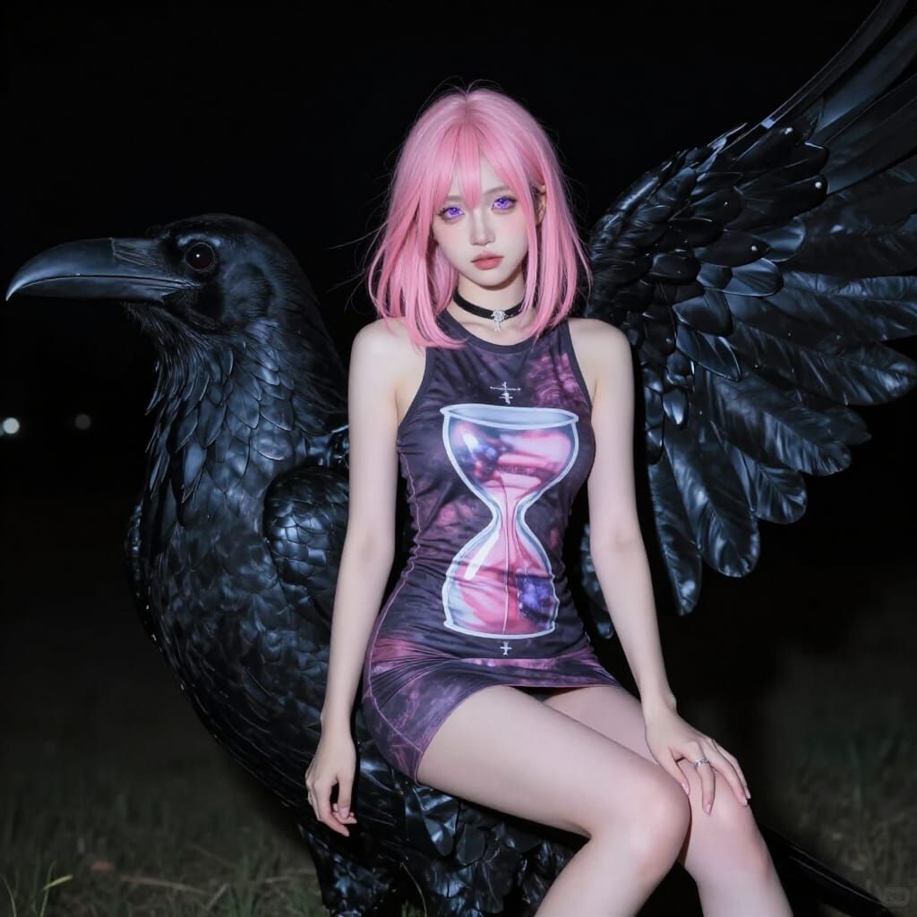 Woman on Raven at Night with Hourglass Symbol