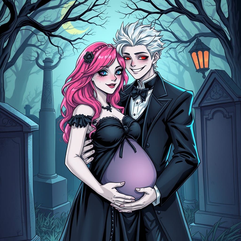Gothic Lovers in a Cemetery Scene, in Line Art Style