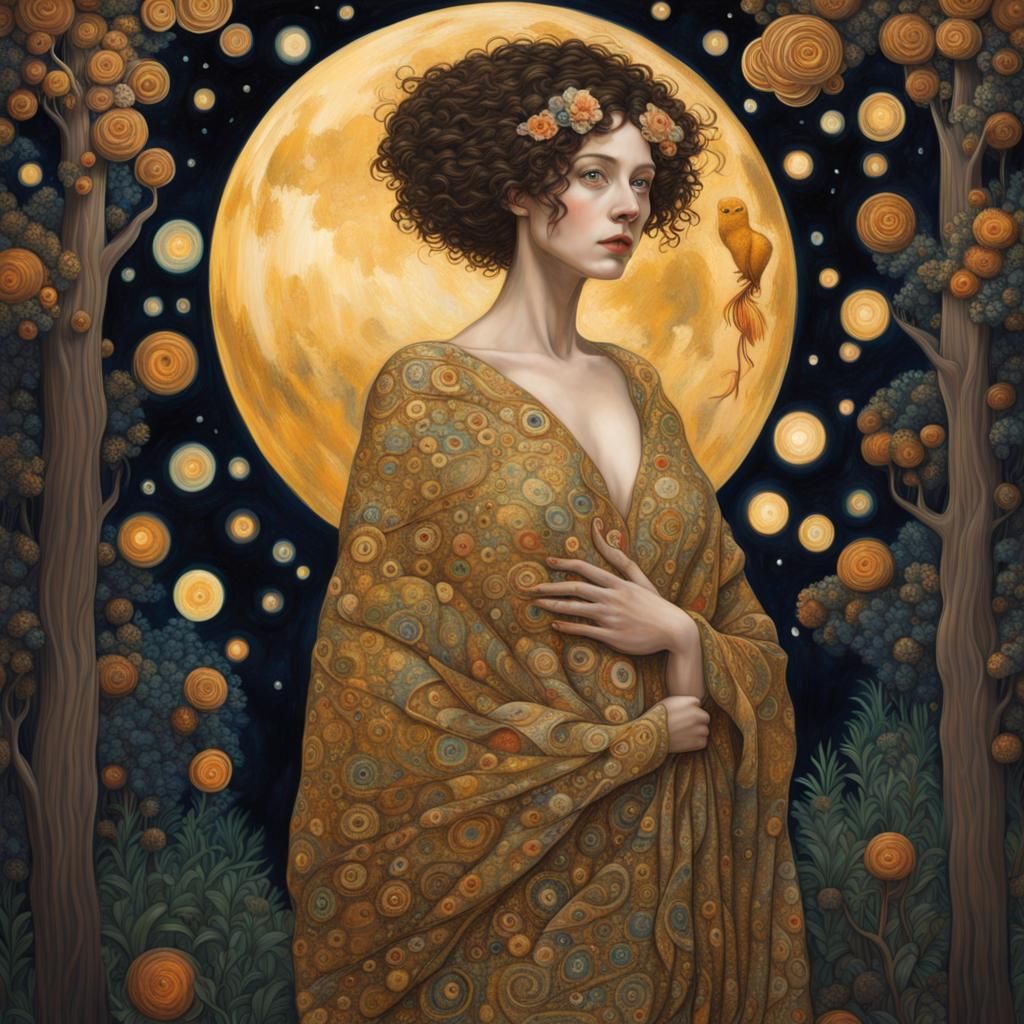 Woman in Twilight Forest, a Klimt-Inspired Portrait