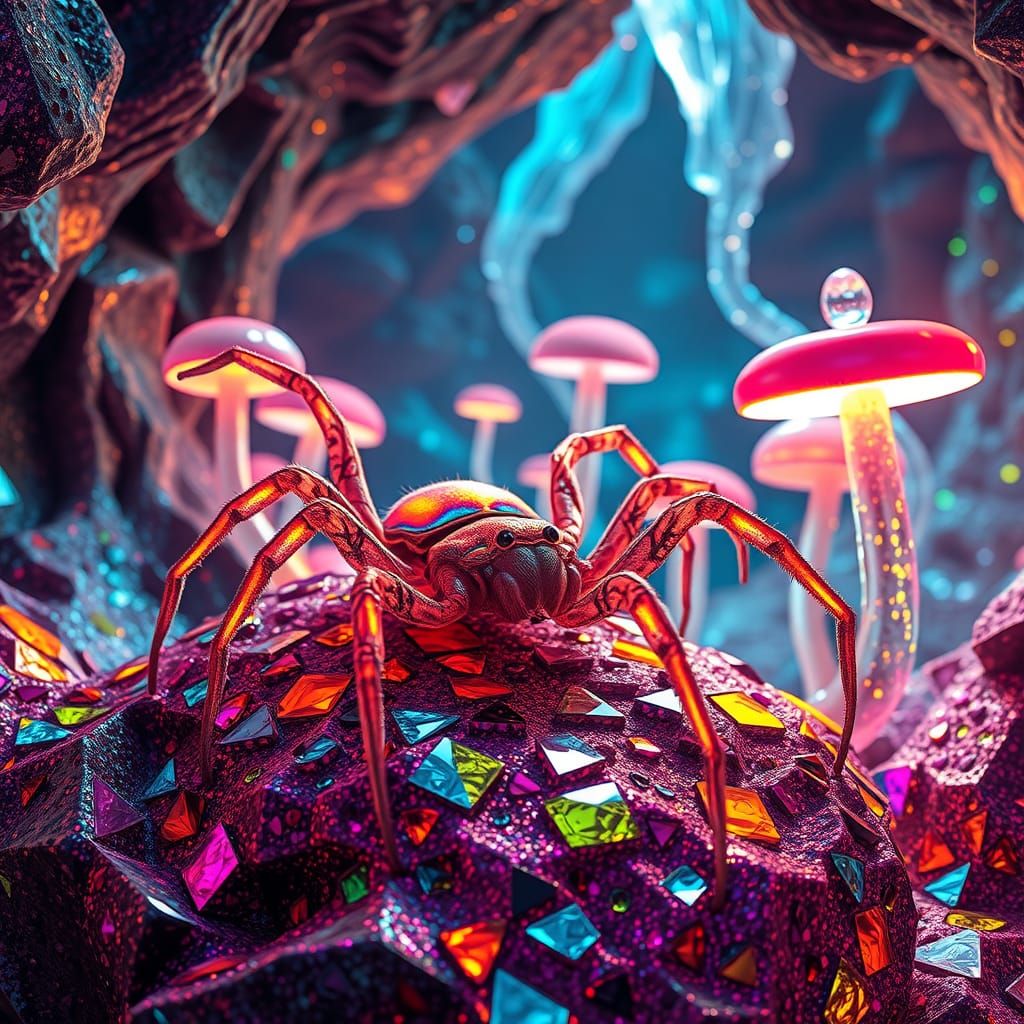 Iridescent Spiders in an Alien Cave as Digital Art