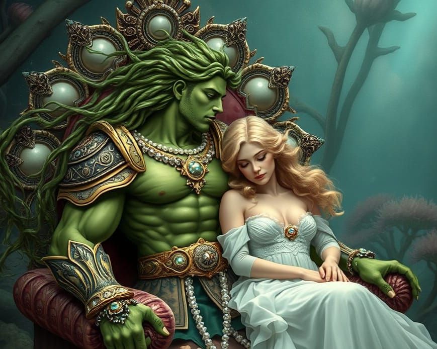 Merman and Woman in Bioluminescent Grotto, Pre-Raphaelite St...