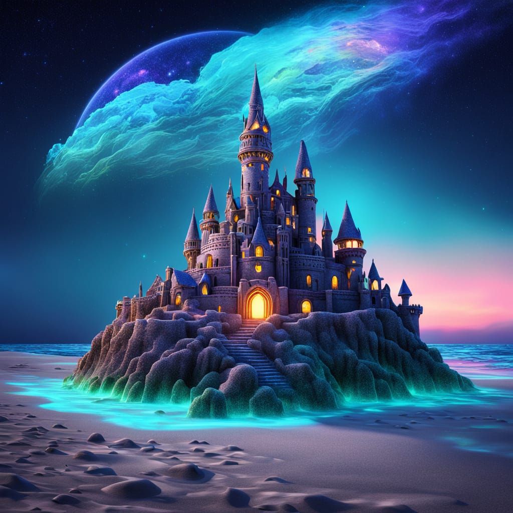 Bioluminescent Beach Sandcastle in Astral Cosmic Style