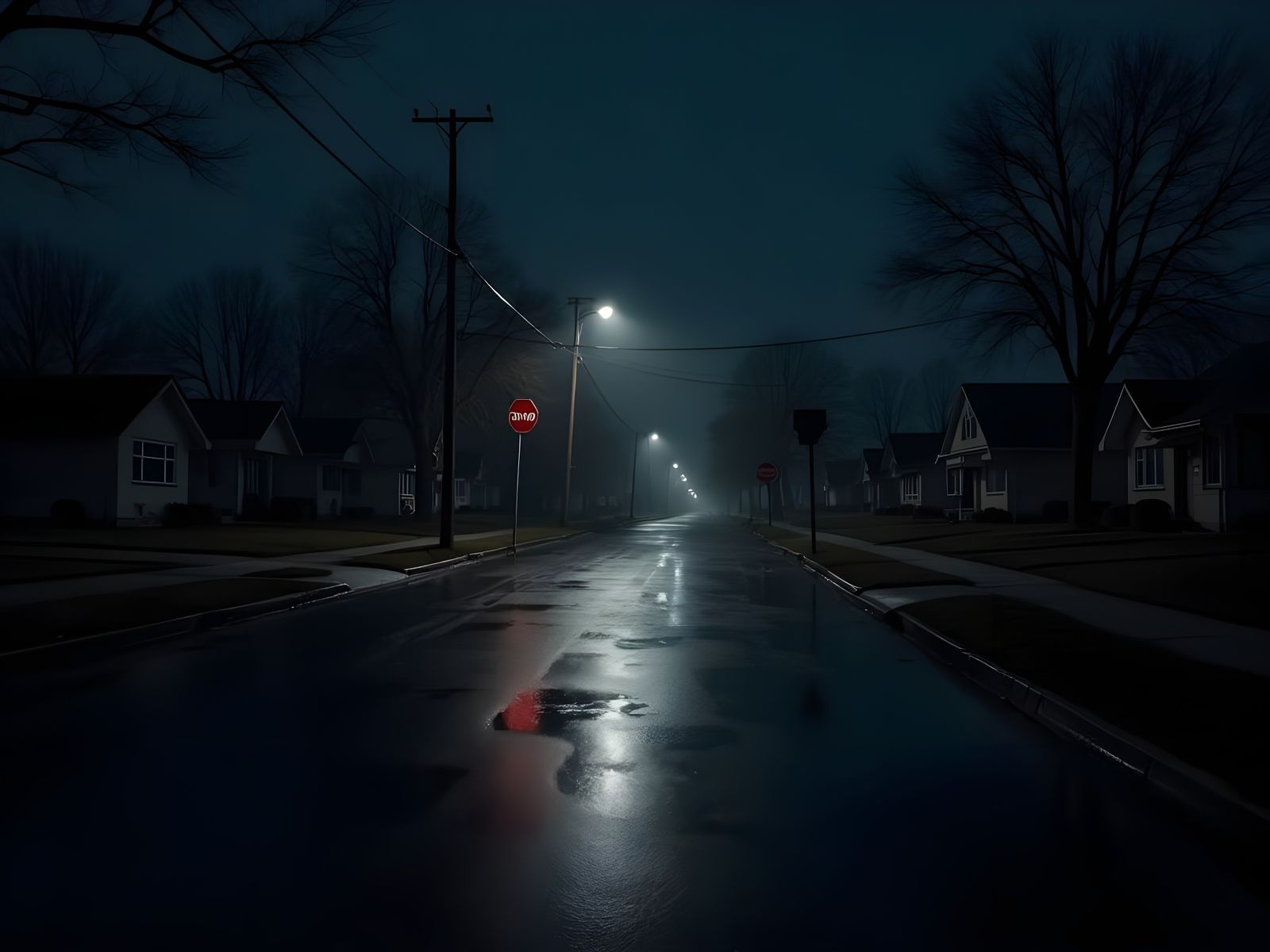 Dark, Liminal Suburban Neighborhood Street in Moonless Night