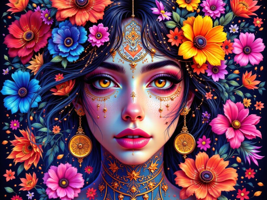 Vibrant Boho Flowers with Indian Radha in Watercolor Style