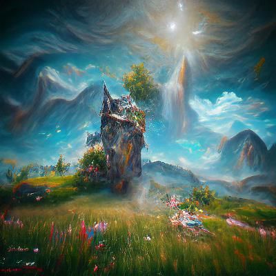 Goddess, Wolf, and Fairies in Dreamlike Flower Meadow