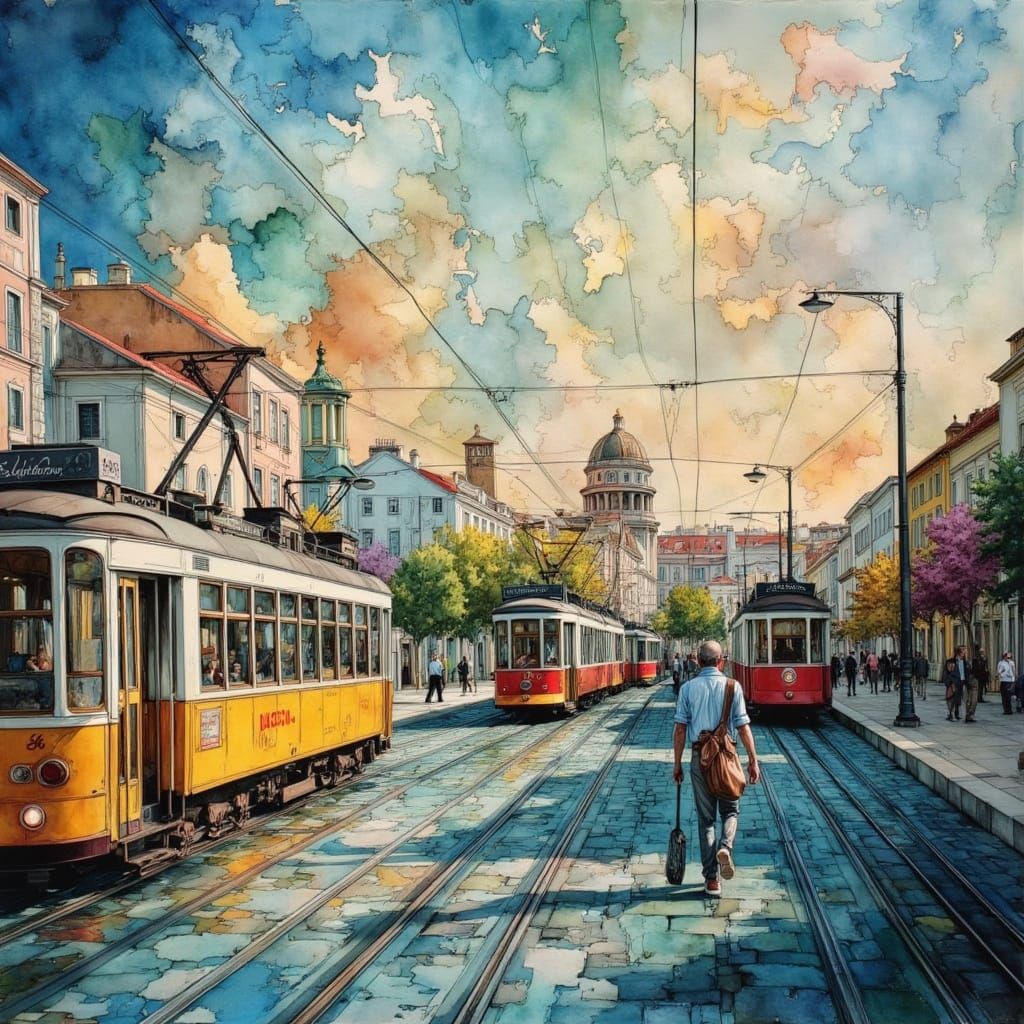 Lisbon Cityscape with Dynamic Trams and Art Nouveau Flair