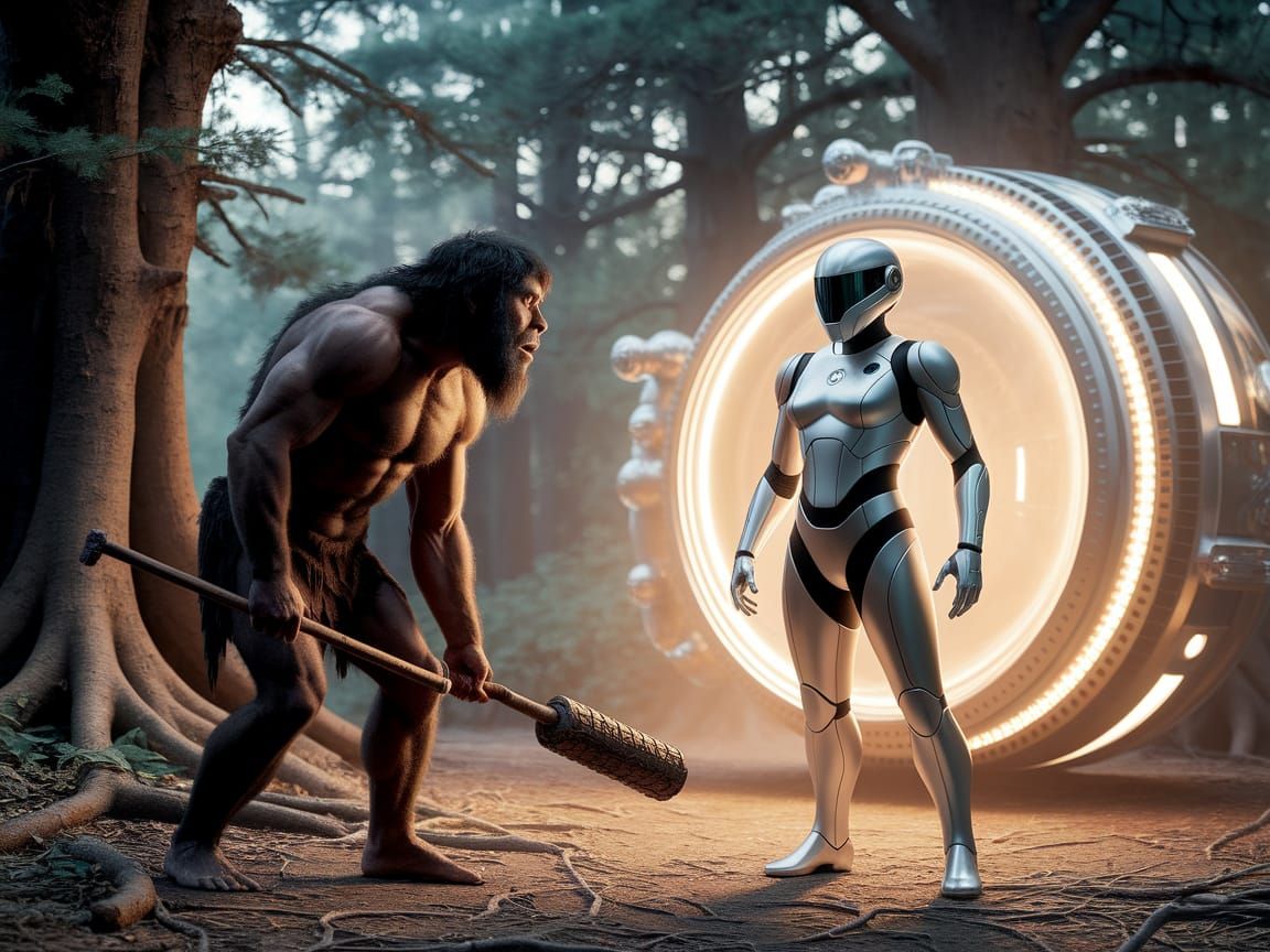 Neanderthal Meets Time Traveler in Prehistoric Forest