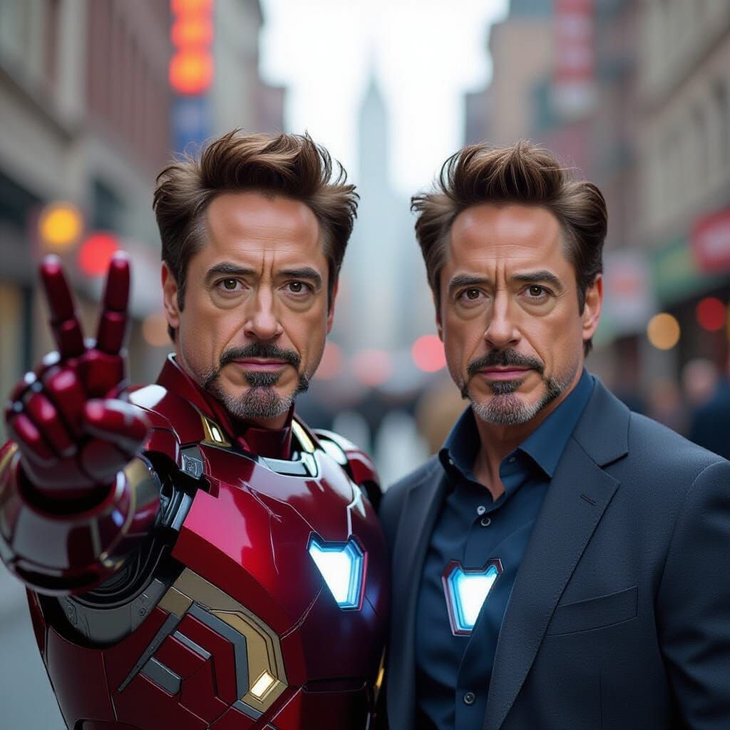 Robert Downey Jr. and Iron Man Pose Peace Sign