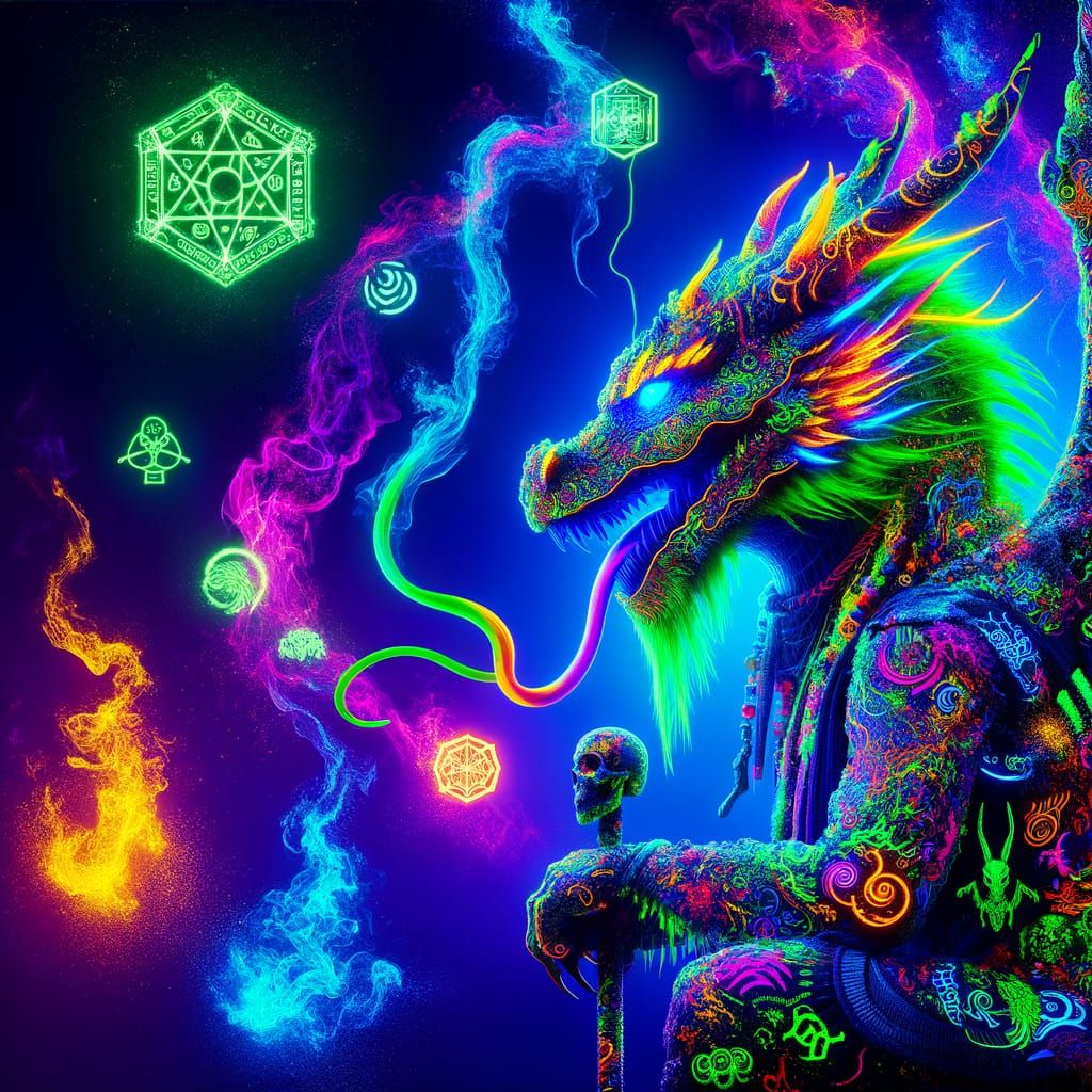 Humanoid Dragon with Neon Tattoos in Blacklight