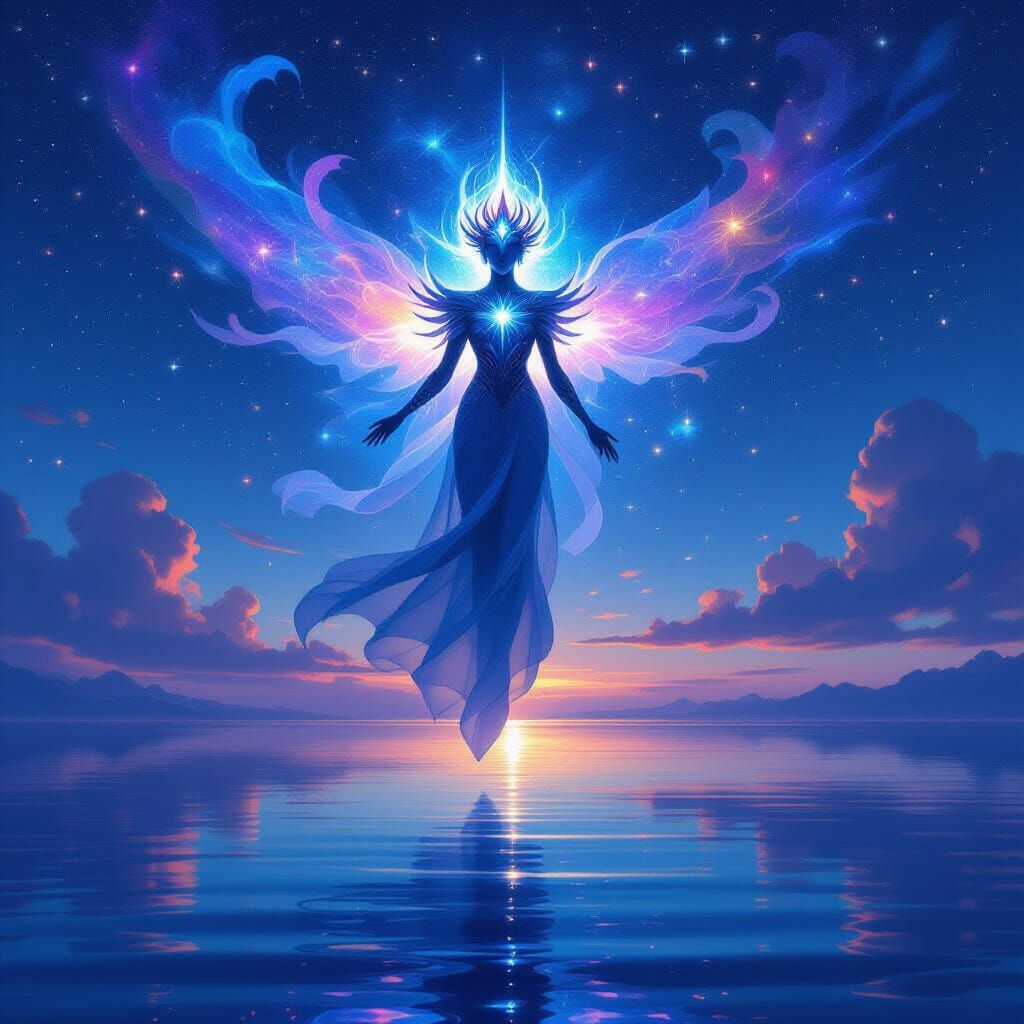 Celestial Guardian Above Alien Seascape in Oil Painting Styl...