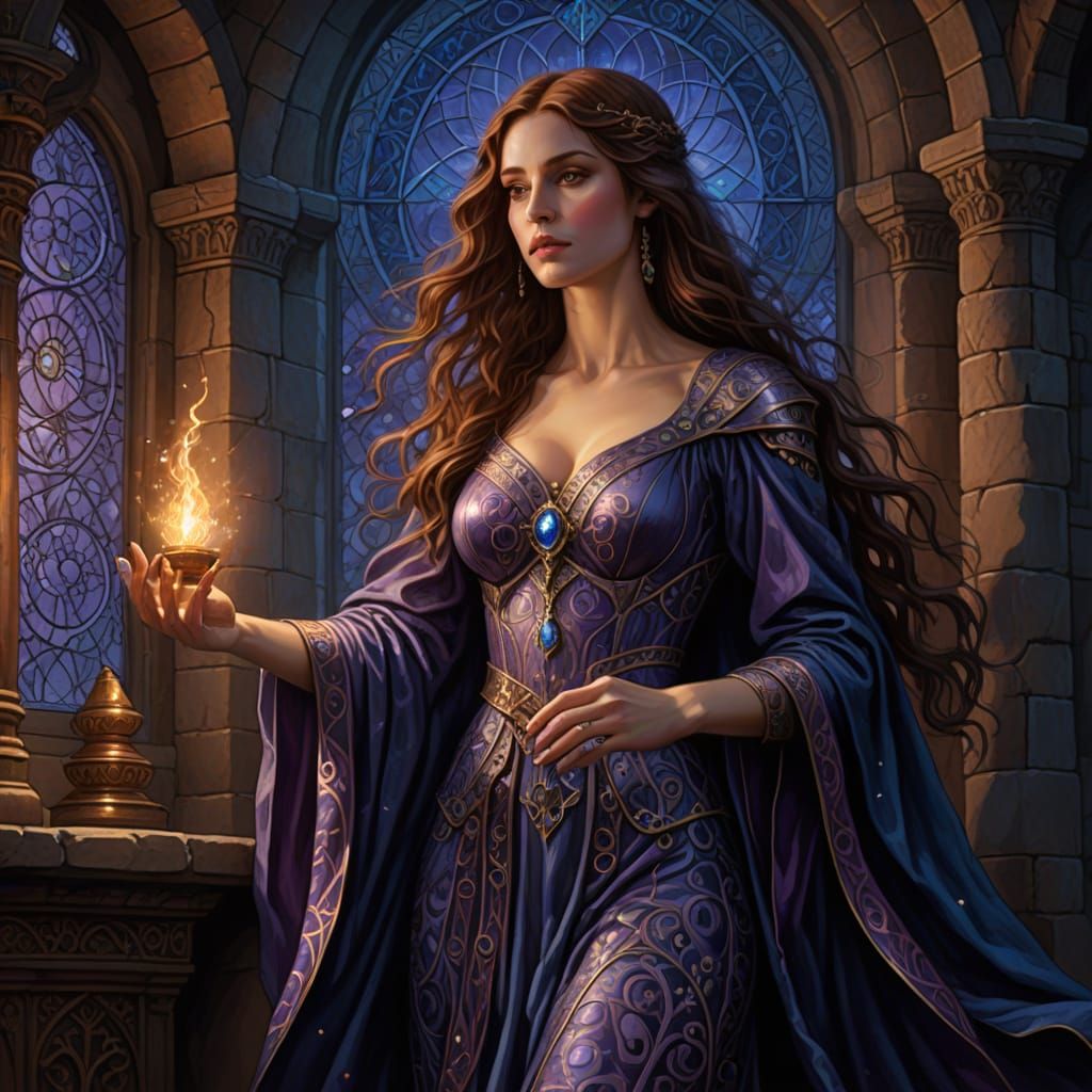 Sorceress in Tower, Pre-Raphaelite Style
