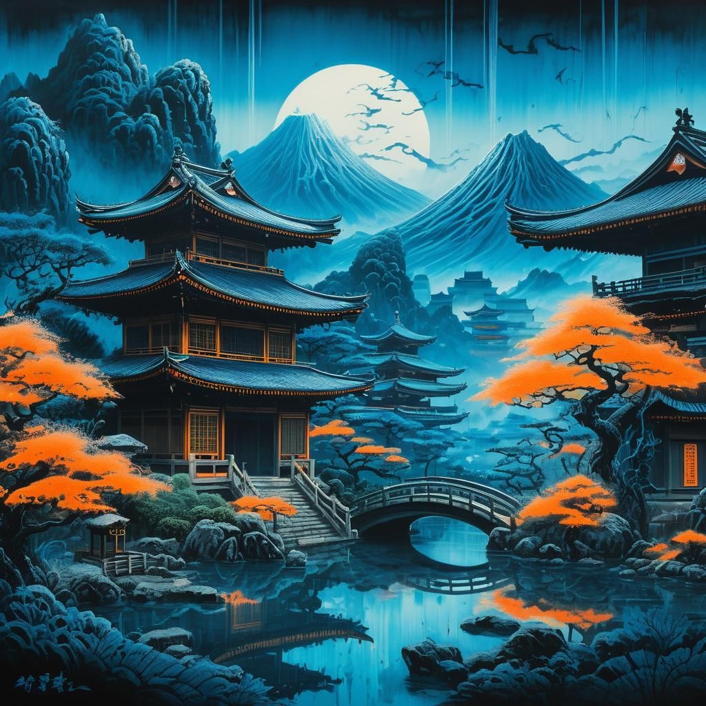 Mystical Japanese Garden with Surrealist Elements