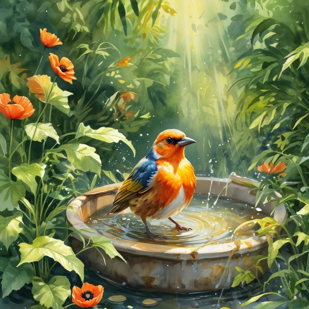 Vibrant Watercolor Bird Bathing in Sunlight