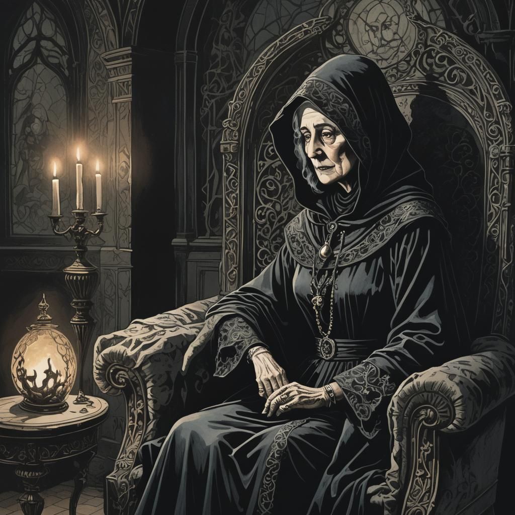 Agatha Christie and Necromancer in Gothic Illustration
