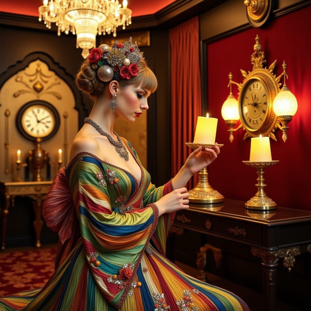 Taylor Swift in Elegant Geisha-Inspired Gown, Art Deco Style