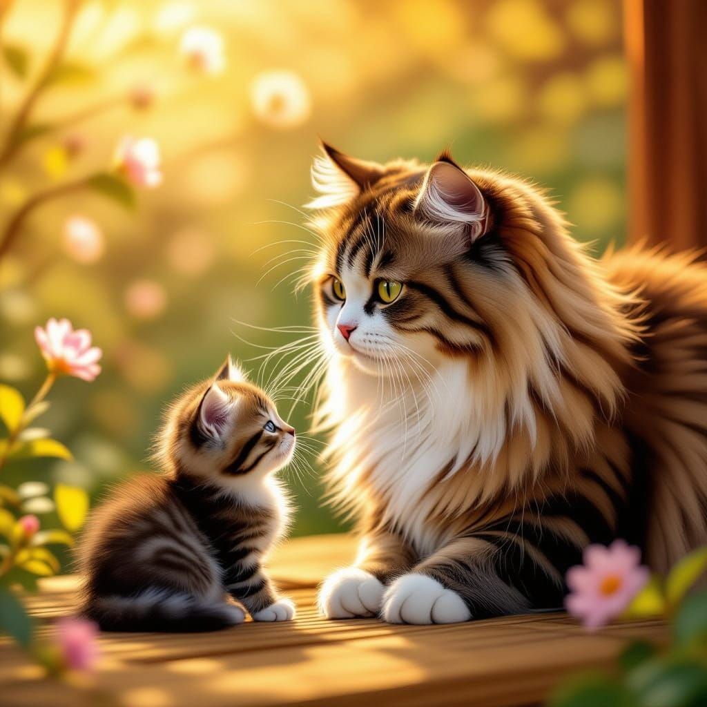 Persian Cat Mother in Whimsical Japanese Garden