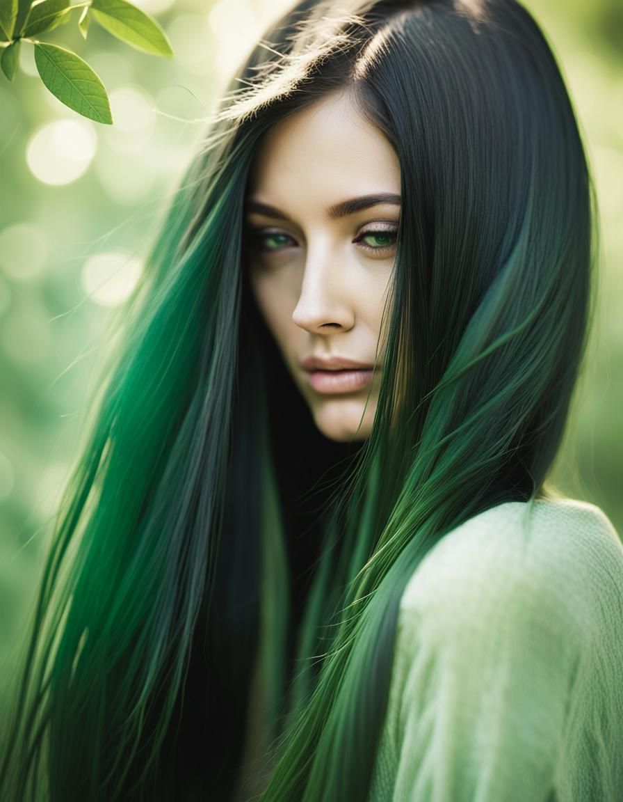 Ethereal Portrait: Woman with Emerald and Tea Hair