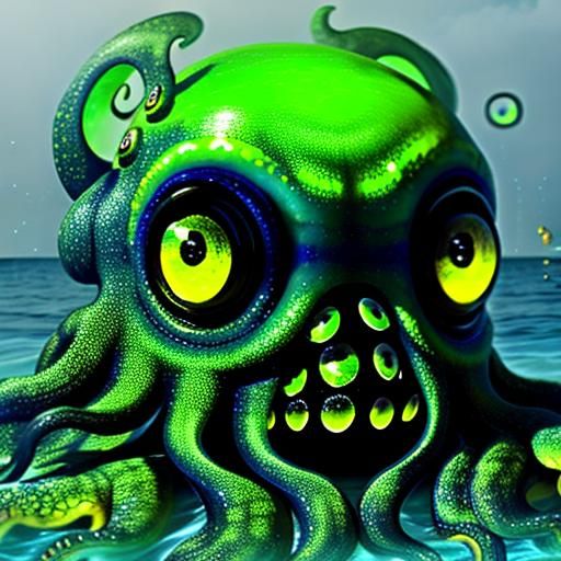 Bright Green Octopus with Piercing Yellow Eyes