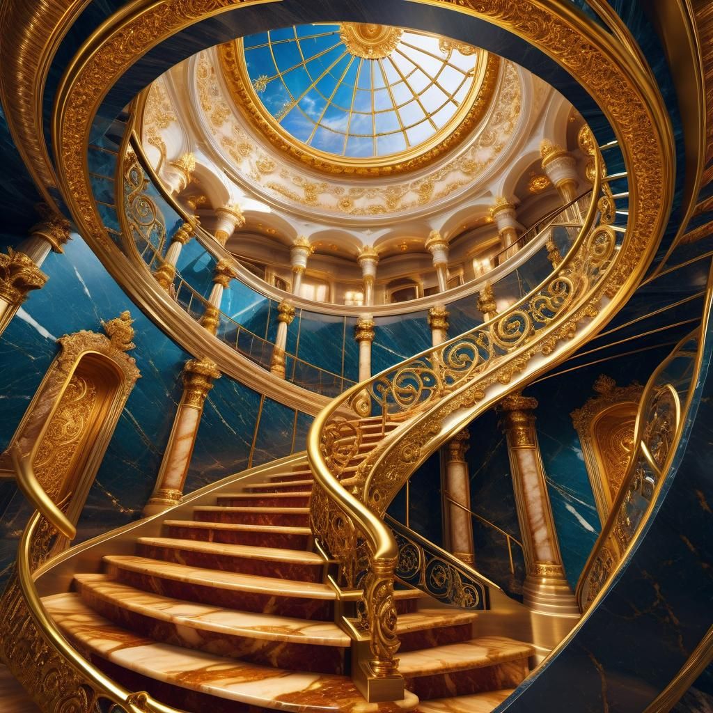 Ornate Spiral Staircase with Dancing Figures