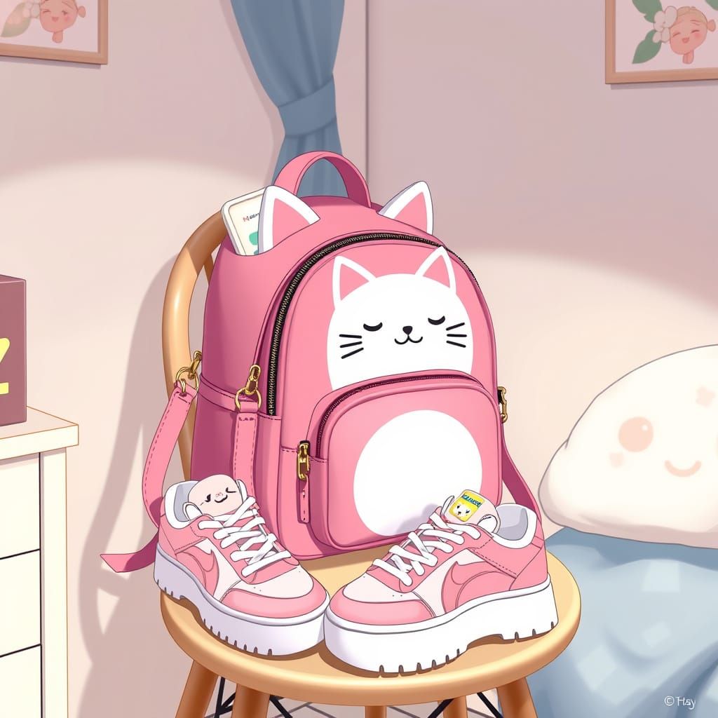 Hyper Realistic Kawaii Fashion Backpack and Sneakers in Past...