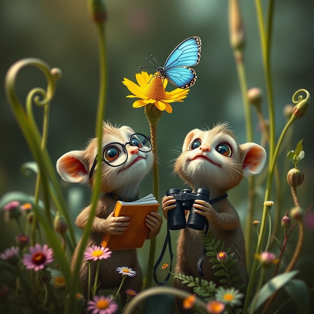 Fantasy Creatures Discover a Butterfly, Hyperrealistic Art