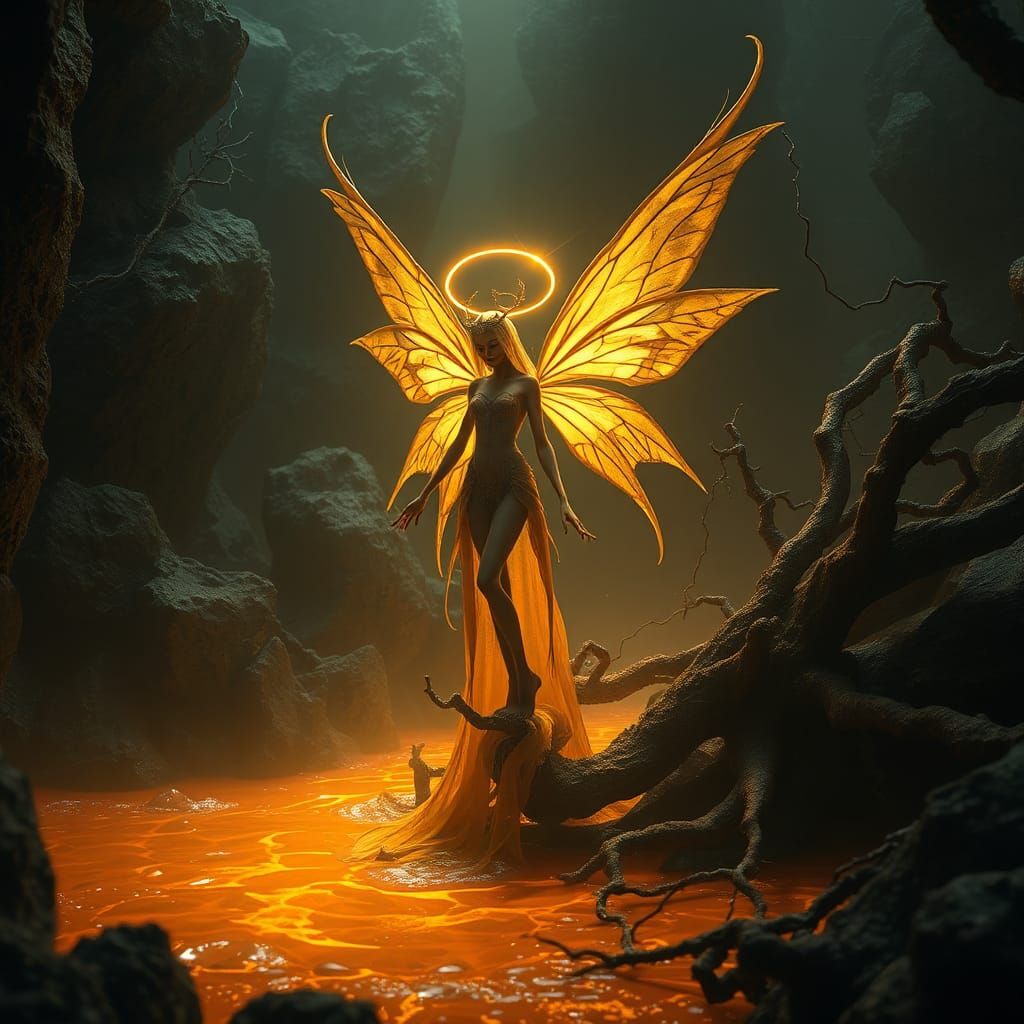 Golden Fairy Emerges in Dreamlike Realm